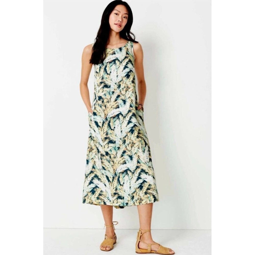 J.Jill Love Linen Tropical Palm Print Resort Wear Sleeveless Dress Women’s L - Picture 2 of 12